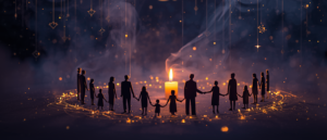Aile dizimi nedir sorusunu sembolize eden, kuşakları temsil eden ışık iplikleri ve hat sanatı görseli