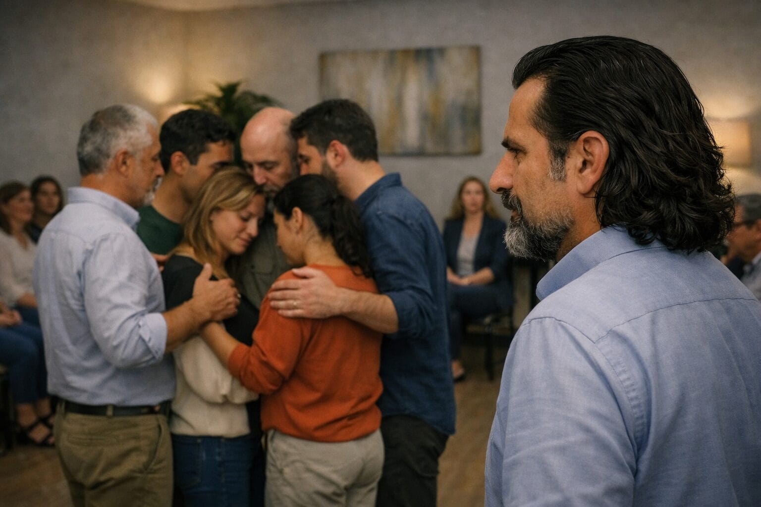 Aile Dizimi Nedir? Tarihi ve Kültürel Kökenleri 4 Daire şeklinde duran ve birbirine bakan sembolik insan silüetlerinden oluşan grup terapisi sahnesi