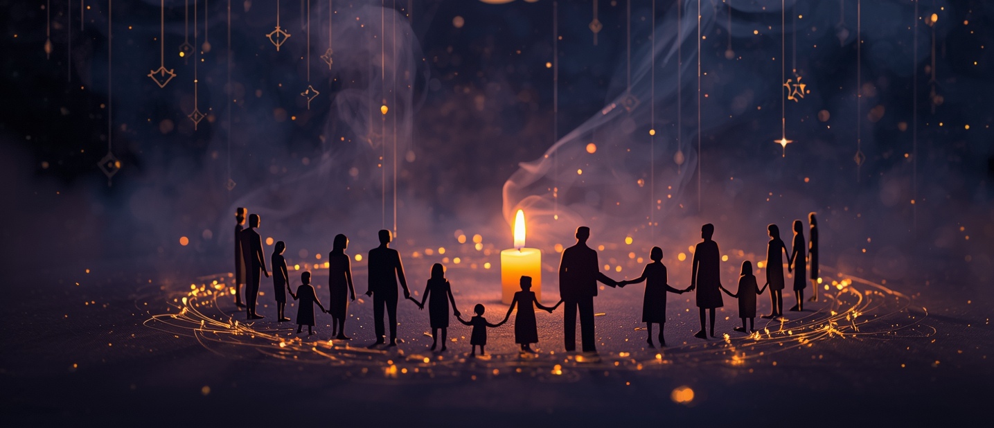 Aile dizimi nedir sorusunu sembolize eden, kuşakları temsil eden ışık iplikleri ve hat sanatı görseli
