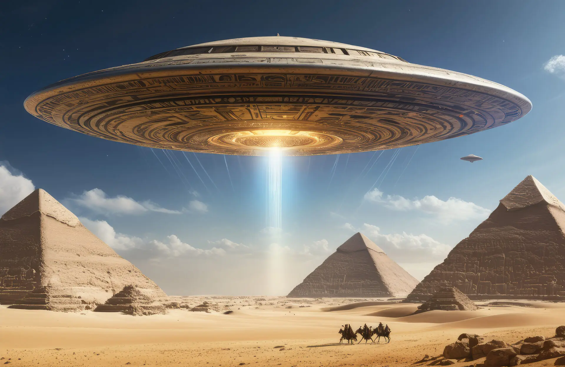 UFO ve uzaylı deneyimleri metafizik yorumlar konusunu anlatan antik tapınak üzerinde parlayan UFO görseli