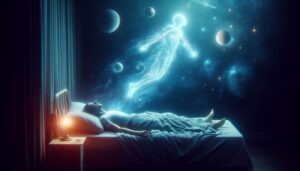 Astral seyahat kavramını sembolize eden, bedenden ayrılan ruh ve yıldızlı gökyüzü görseli