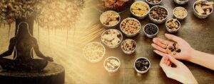 Ayurveda nedir sorusunu sembolize eden şifalı bitkiler ve hat sanatı görseli