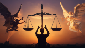Beddua ve ilenç konusunu adalet ve denge teması üzerinden sembolize eden, gün batımında dua eden bir insan silüeti görseli