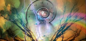 Regresyon terapisi nedir sorusunu anlatan zaman sarmalı ve meditasyon görseli