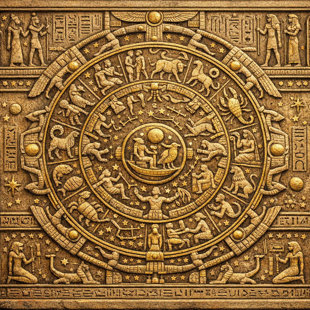 Mısır astrolojisi dekanlar sistemiyle ilişkili Dendera Zodyağı tarzı taş kabartma illüstrasyonu