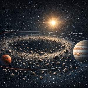 Mars ve Jüpiter arasındaki asteroit kuşağını gösteren bilimsel uzay illüstrasyonu