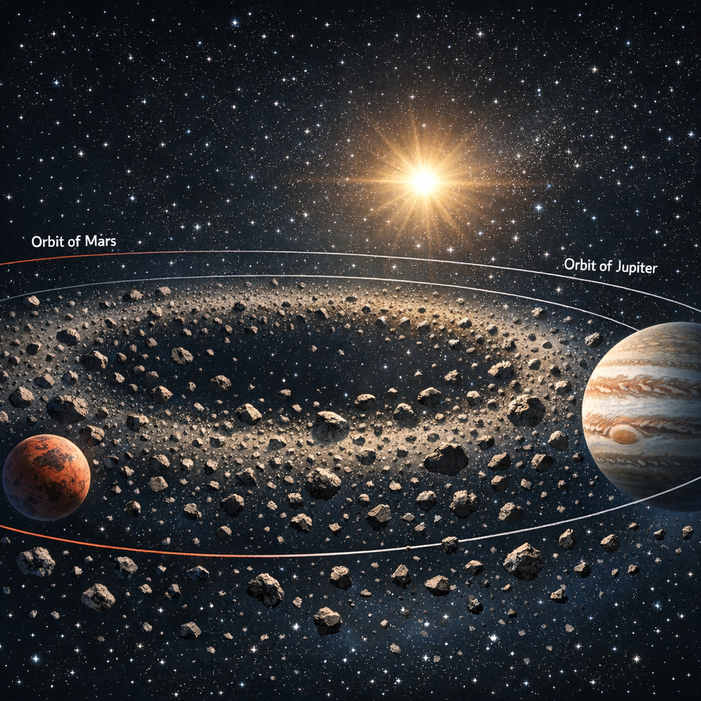 Mars ve Jüpiter arasındaki asteroit kuşağını gösteren bilimsel uzay illüstrasyonu