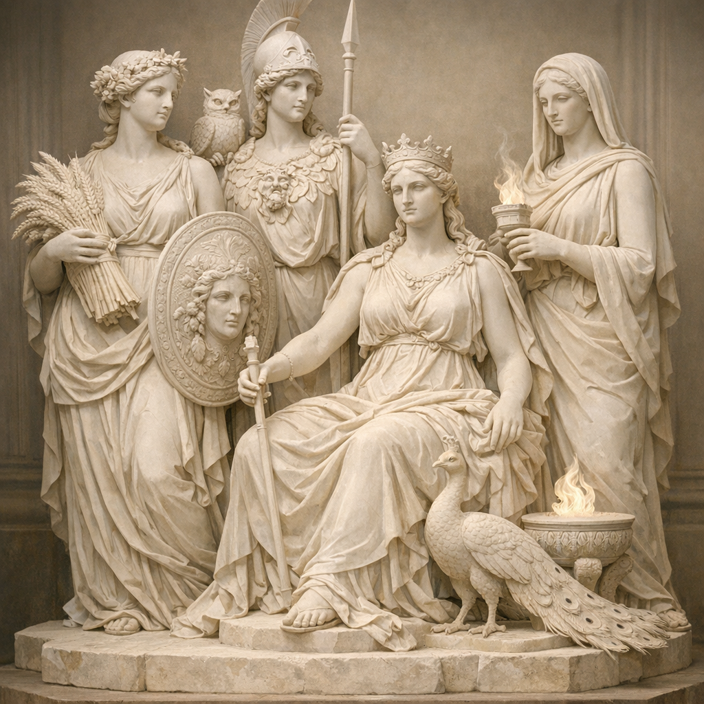 Asteroitler ve Astroloji Nedir? Ceres, Pallas, Juno, Vesta 1 Asteroitler astroloji nedir sorusunun mitolojik kökenini gösteren, Ceres Pallas Juno Vesta tanrıça heykelleri illüstrasyonu