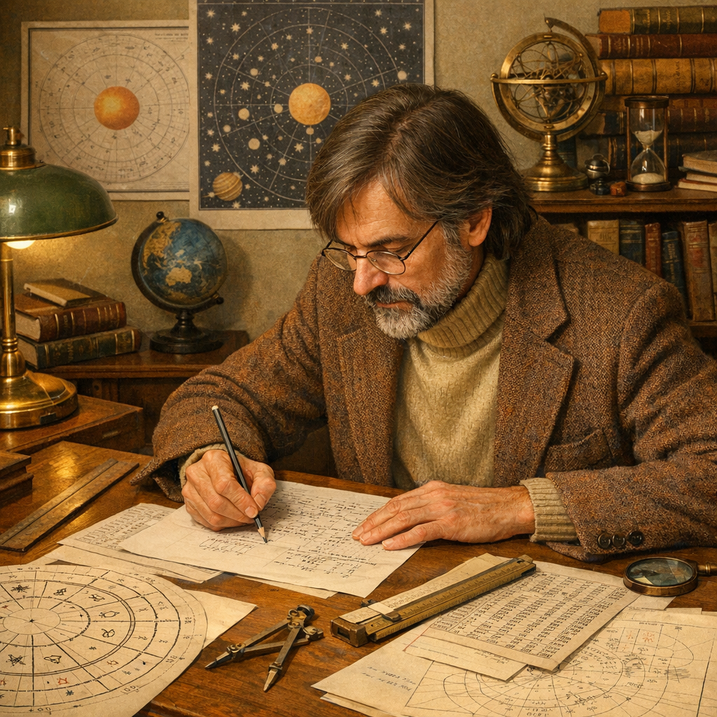 Astro kartografi nedir sorusunun tarihsel gelişimini gösteren, 1970'ler tarzı hesaplama masası illüstrasyonu