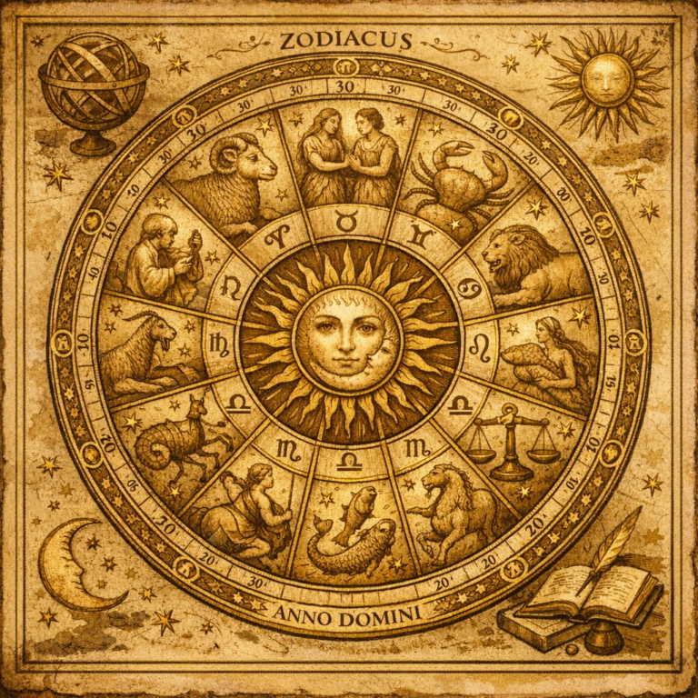 Astrolojide ev sistemi nedir sorusunu simgeleyen, 12 dilime bölünmüş tarihsel doğum haritası diyagramı illüstrasyonu