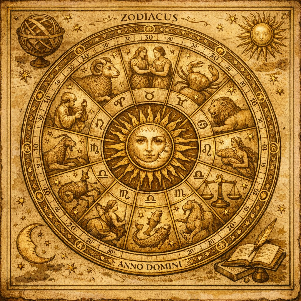 Astrolojide ev sistemi nedir sorusunu simgeleyen, 12 dilime bölünmüş tarihsel doğum haritası diyagramı illüstrasyonu