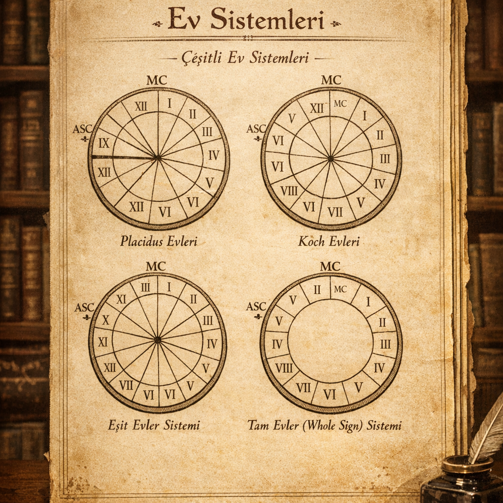 Astrolojide ev sistemi nedir sorusunun farklı yöntemlerini karşılaştıran tarihi el kitabı illüstrasyonu