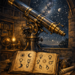 Astrolojide gezegenler anlamı sorusunu simgeleyen, antik gözlemevi ve gezegen sembollü el yazması illüstrasyonu