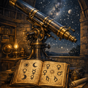 Astrolojide gezegenler anlamı sorusunu simgeleyen, antik gözlemevi ve gezegen sembollü el yazması illüstrasyonu