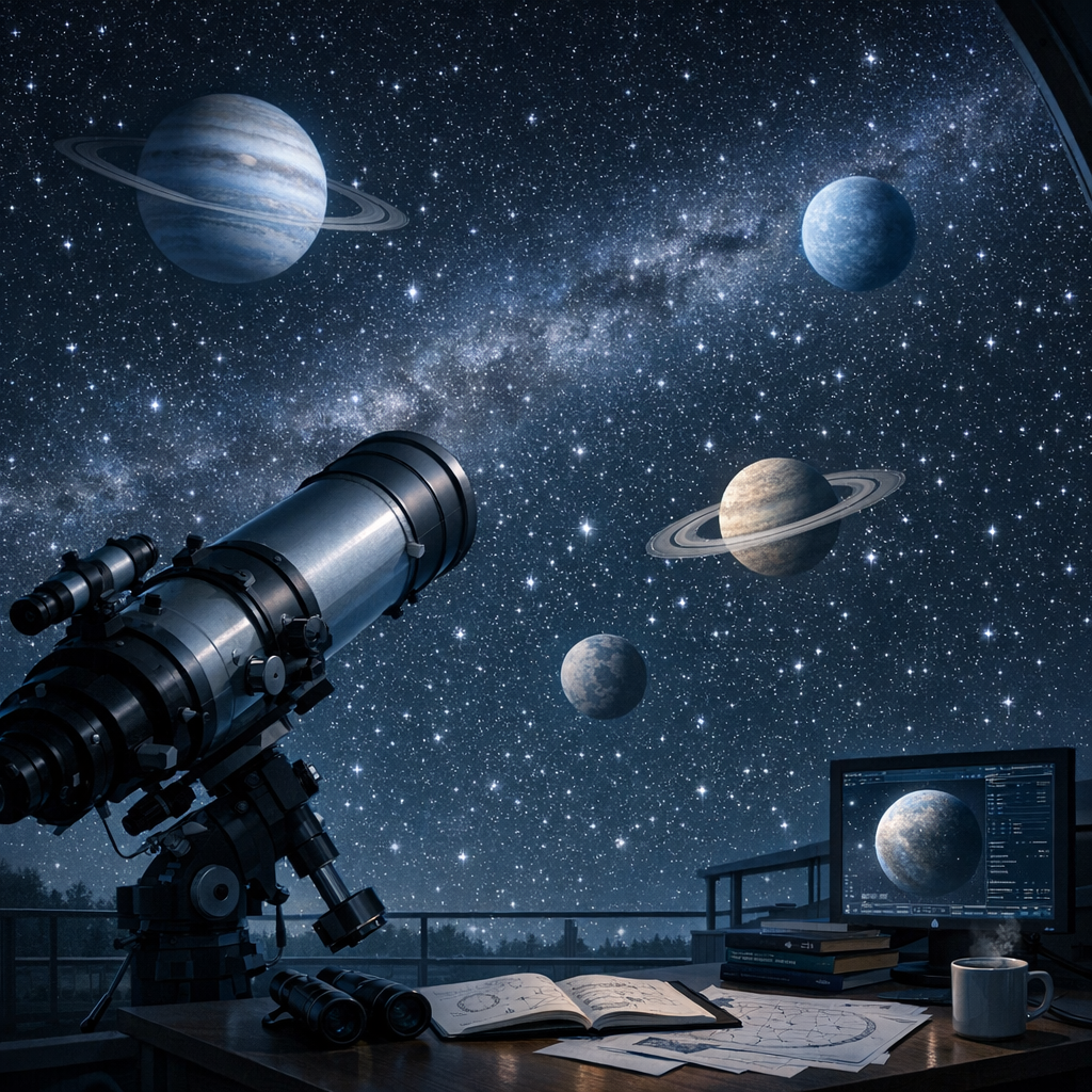 Astrolojide Gezegenler Ne Anlama Gelir? Tarihçesi 1 Astrolojide gezegenler anlamı sorusunun modern boyutunu gösteren, teleskopla gözlemlenen gece gökyüzü illüstrasyonu