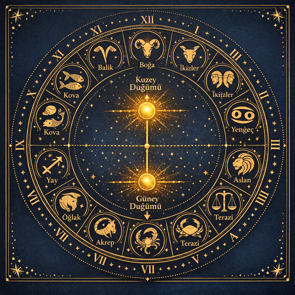 Ay Düğümleri (Kuzey-Güney) Nedir? Tarihi ve Astrolojik Anlamı 3 Ay düğümleri nedir sorusuna görsel yanıt veren burç çemberi eksen şeması