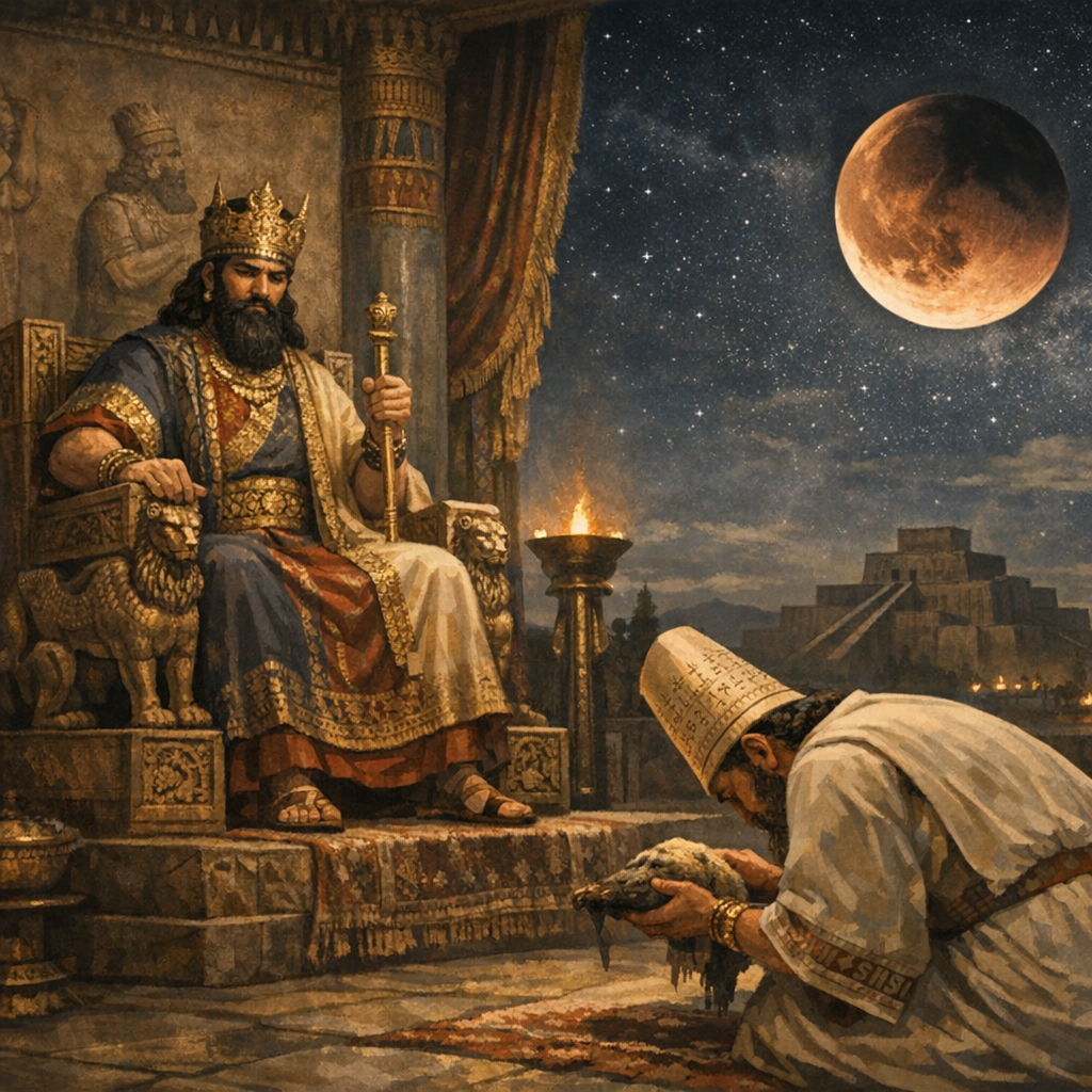 Babil (Kalde) Astrolojisinin Tarihi ve Kökeni Nedir? 3 Babil astrolojisi tarihinde kralların ay tutulması yorumunu gösteren saray sahnesi