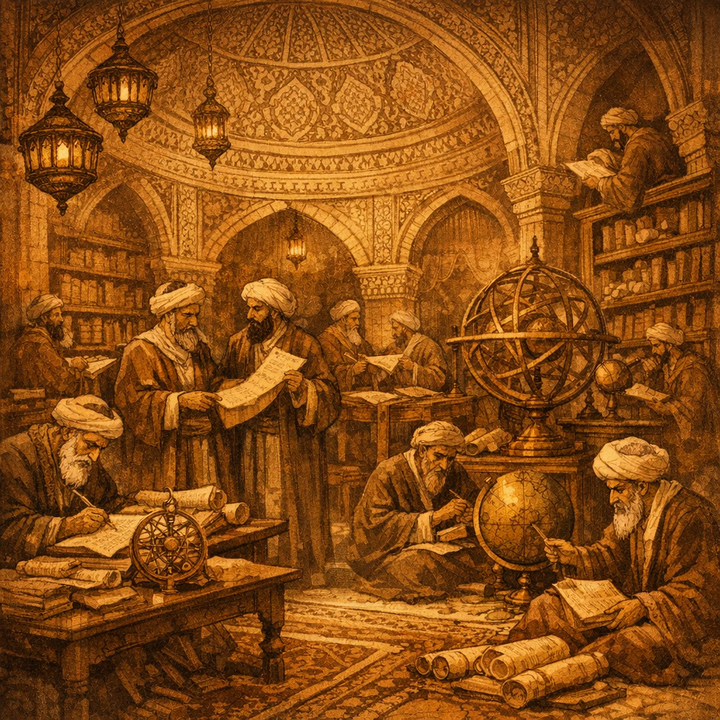 Bağdat Bilgelik Evi'nde tercüme ve astronomi çalışmalarını gösteren tarihi görsel