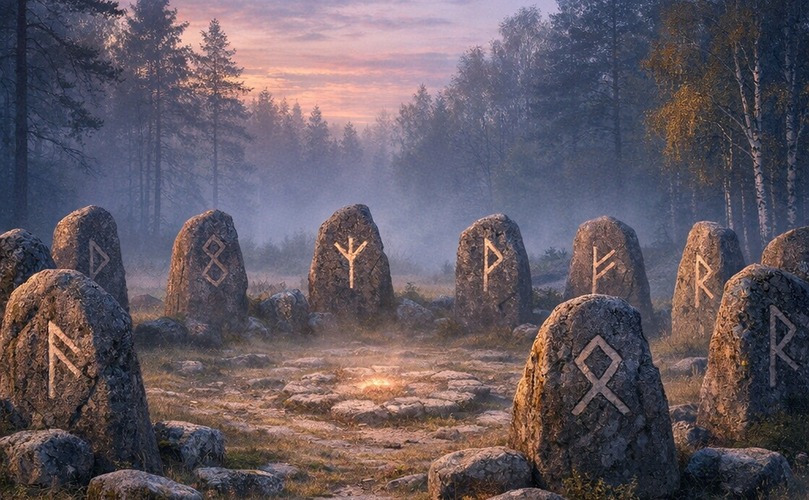 Rune Alfabesinin 24 Sembolik Anlamı: Futhark Rehberi 5 Rune alfabesinin sembolik anlamları: Kuzey Avrupa ormanında runik yazıtlı taş çemberi