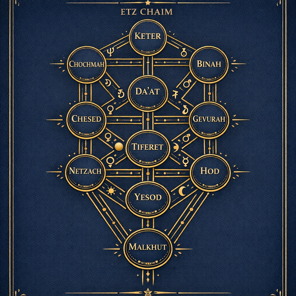 Kabalistik Astroloji Nedir? Hayat Ağacı'nın Tarihi 4 Kabalistik astroloji nedir sorusuna yanıt olan, gezegen sembolleriyle işaretlenmiş Hayat Ağacı diyagramı