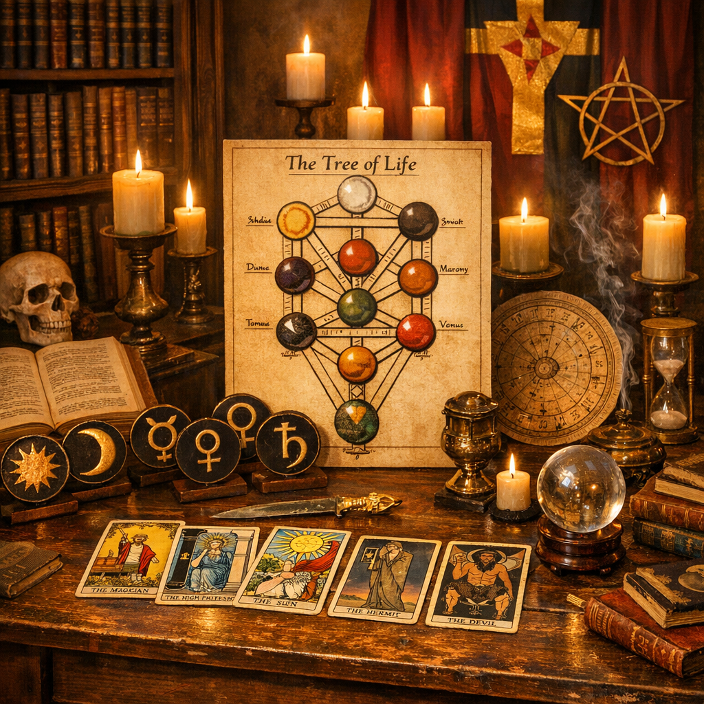 Kabalistik Astroloji Nedir? Hayat Ağacı'nın Tarihi 6 Kabalistik astroloji nedir sorusunun Golden Dawn sentezini gösteren, Tarot ve gezegen sembolleriyle dolu masa illüstrasyonu