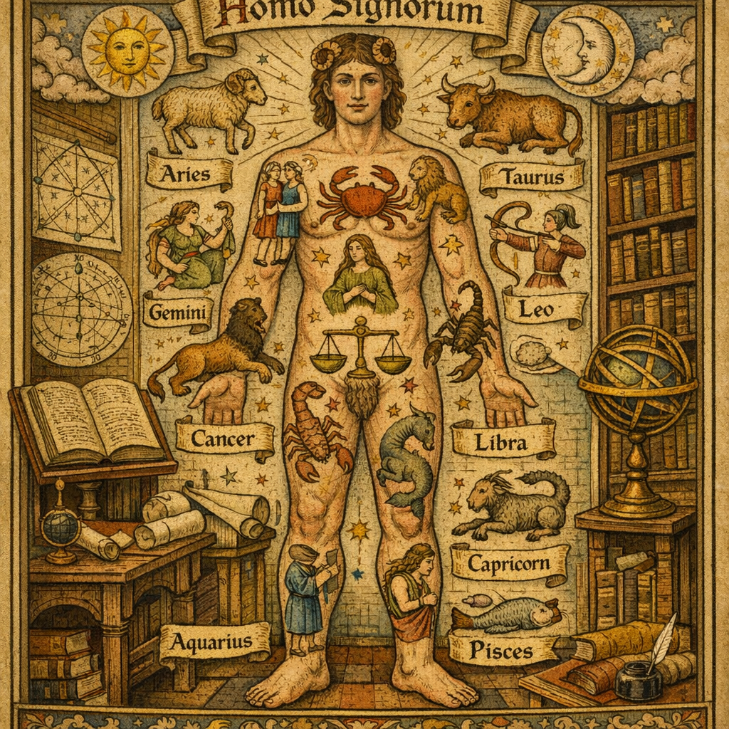 Medikal Astroloji Nedir? Zodyak Adam Kavramı 1 Medikal astroloji tarihindeki "Zodyak Adam" (Melothesia) illüstrasyonunu gösteren tarihi tıp görseli