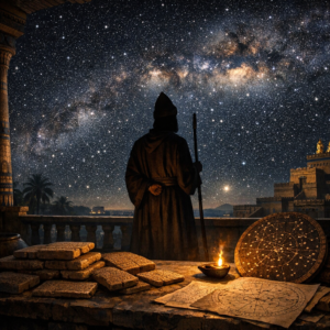 Mundane astrolojinin Babil'deki kraliyet kökenini simgeleyen antik gözlem terası görseli