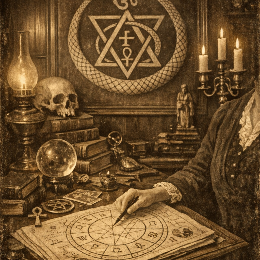 Ruhsal Astroloji Nedir? Esoterik Astrolojinin Tarihi ve Temelleri 1 Ruhsal astroloji nedir sorusunun kökenindeki Theosophical Society sembollerini ve Alice Bailey dönemini yansıtan vintage illüstrasyon