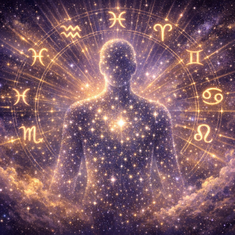 Ruhsal astroloji nedir sorusunu simgeleyen, yıldızlardan oluşan insan silüeti ve zodyak sembolleriyle kozmik illüstrasyon