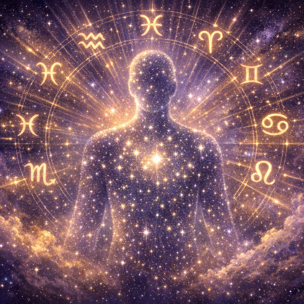 Ruhsal astroloji nedir sorusunu simgeleyen, yıldızlardan oluşan insan silüeti ve zodyak sembolleriyle kozmik illüstrasyon