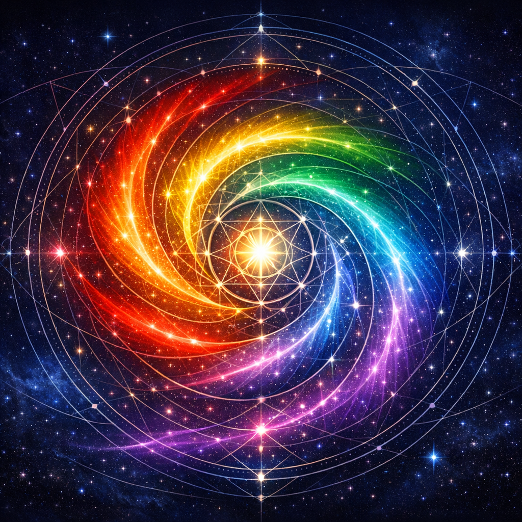 Ruhsal Astroloji Nedir? Esoterik Astrolojinin Tarihi ve Temelleri 3 Ruhsal astrolojide Alice Bailey'nin yedi ışın kuramını simgeleyen renkli spiral enerji diyagramı