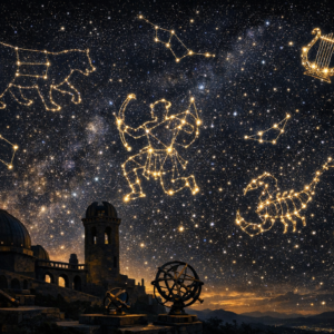 Sabit yıldızlar astroloji nedir sorusunu simgeleyen, gece gökyüzünde takımyıldız desenlerini gösteren astronomi görseli