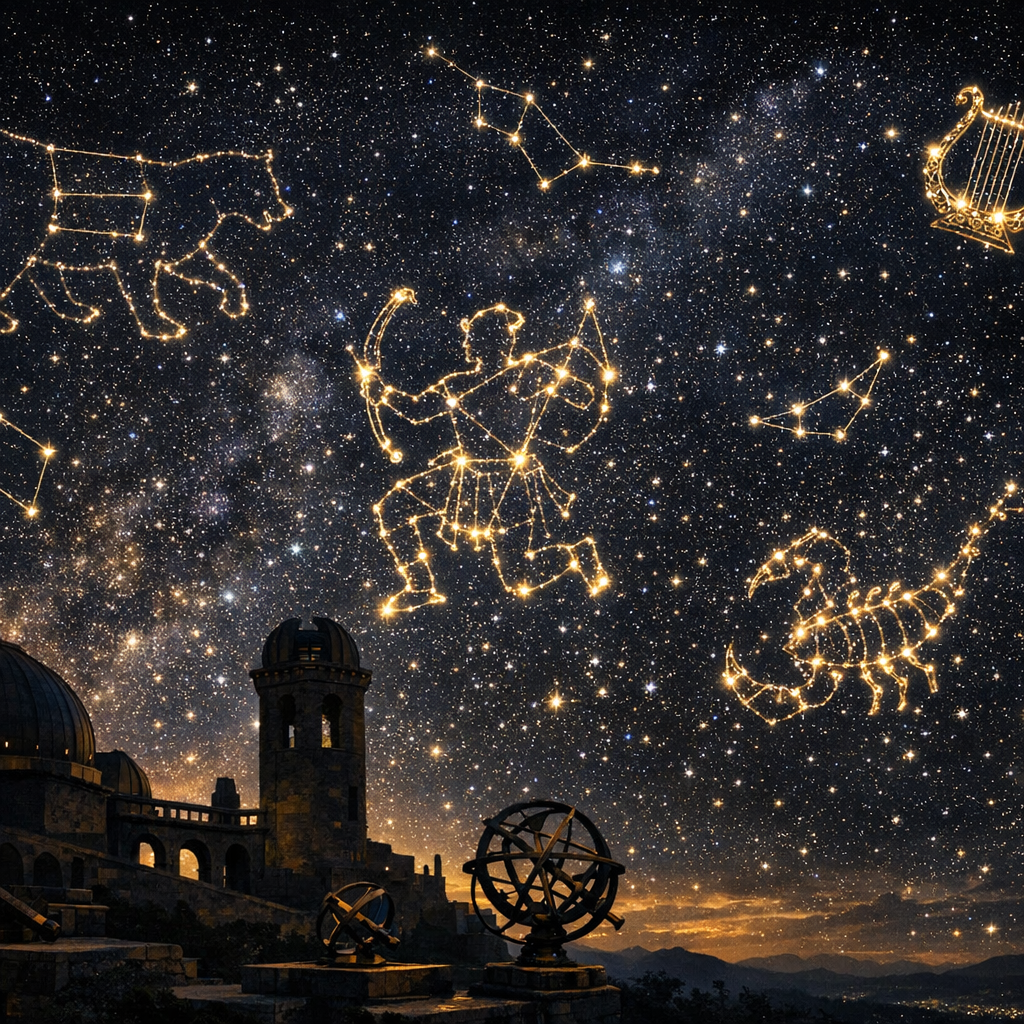 Sabit yıldızlar astroloji nedir sorusunu simgeleyen, gece gökyüzünde takımyıldız desenlerini gösteren astronomi görseli