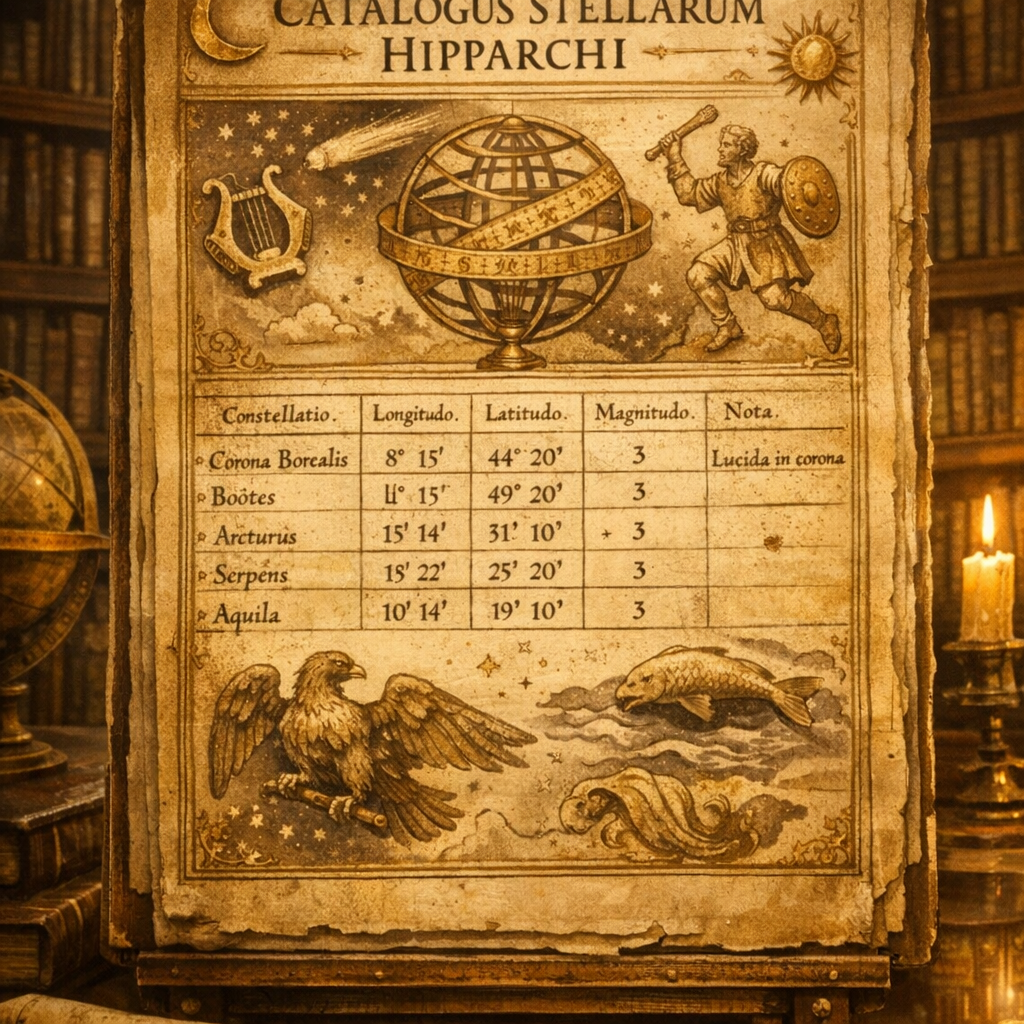 Sabit Yıldızlar ve Astroloji Nedir? Kraliyet Yıldızları 1 Sabit yıldızlar ve astroloji nedir sorusunun tarihsel kaynağı olan Hipparkos'un yıldız kataloğunu gösteren görsel