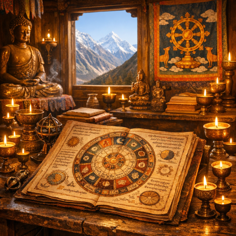 Tibet Astrolojisi: Beyaz ve Siyah Hesaplamalar Nedir? Tarihi 14 Tibet astrolojisi tarihinin manastır kültüründeki kökenini gösteren, eski bir el yazmasının bulunduğu görsel