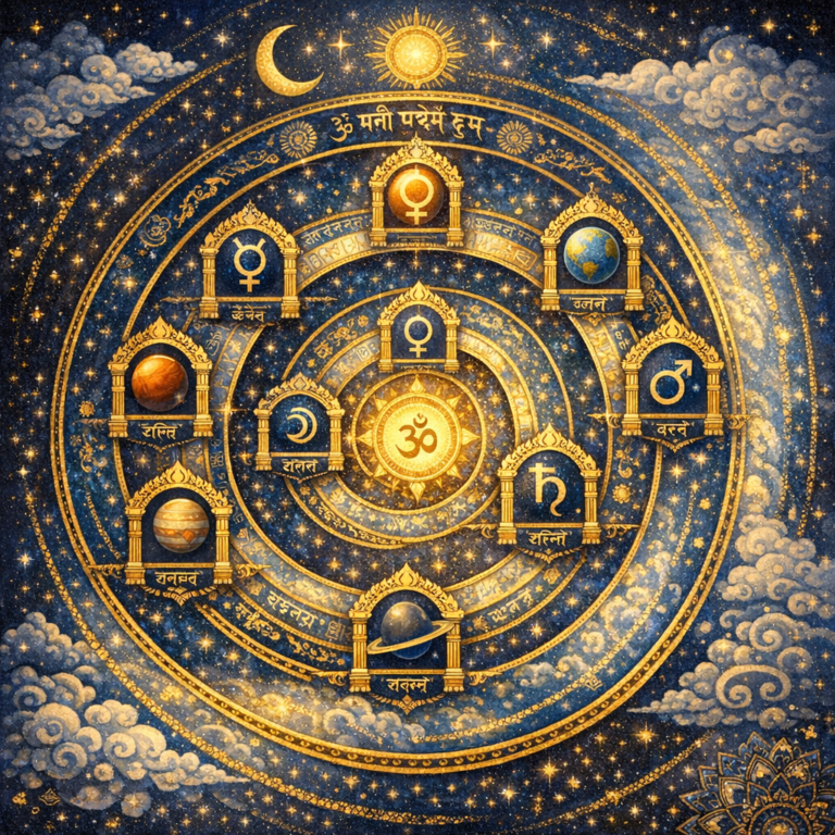 Vedic Dasha Sistemi Nedir? Vimshottari ile Karmik Zaman Çarkı 1 Vedic Dasha sistemi nedir sorusunu görselleştiren, dokuz gezegenin hüküm döngüsünü gösteren spiral zaman çarkı
