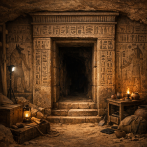 Mumya laneti gerçek mi sorusunu simgeleyen Tutankhamun mezarı girişi görseli