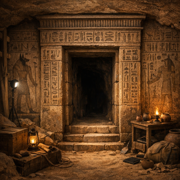 Mumya laneti gerçek mi sorusunu simgeleyen Tutankhamun mezarı girişi görseli