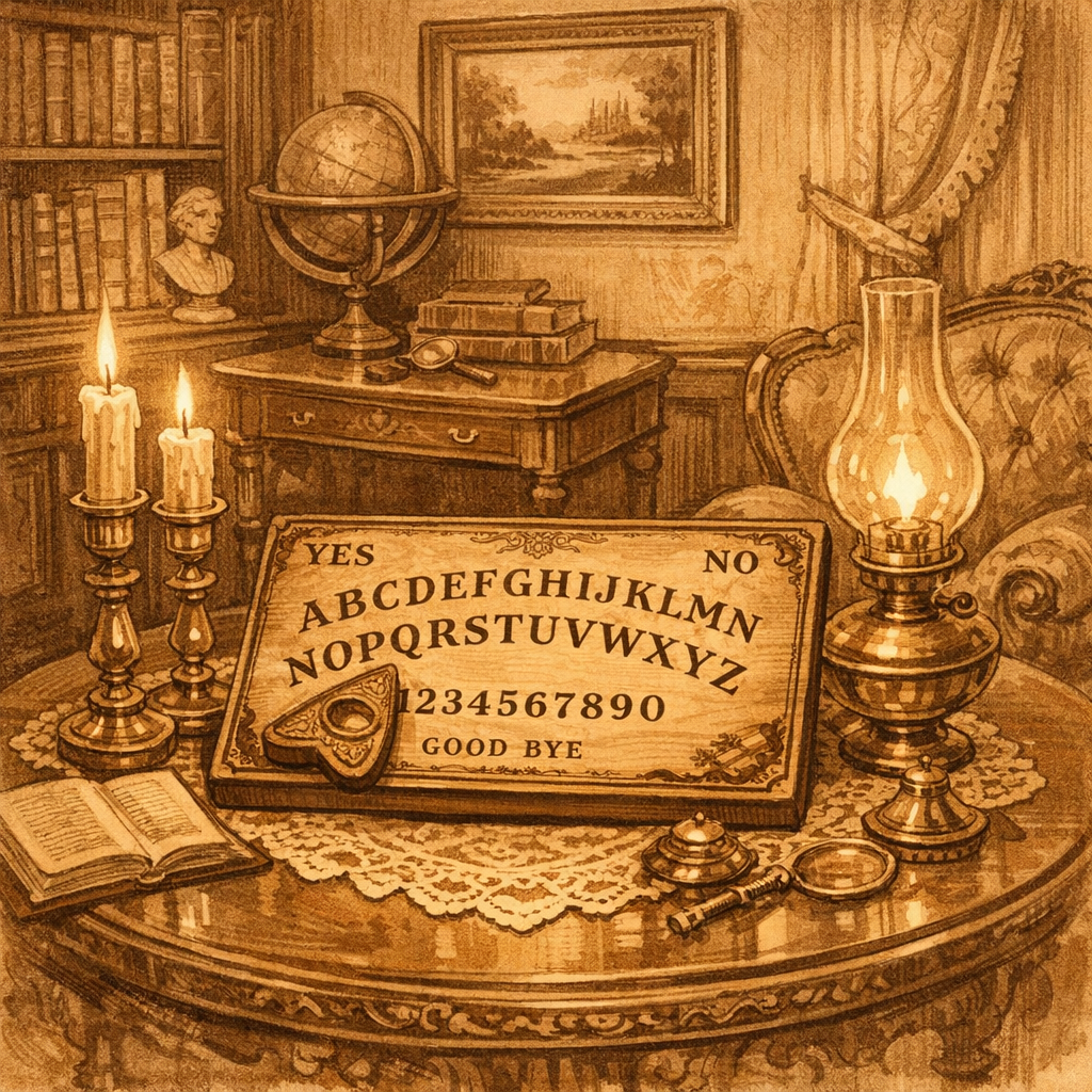 Ouija tahtası tarihi bilimsel açıklaması sorusunu araştıran Viktorya dönemi salon görseli
