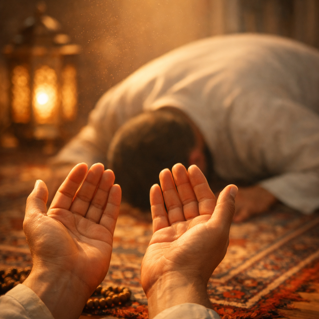 İstihare Namazı Nedir? Nasıl Kılınır, Anlamı Nedir? 1 İstihare namazı nedir nasıl kılınır sorusuna görsel yanıt; secde sonrası açık ellerle dua eden manevi bir sahne