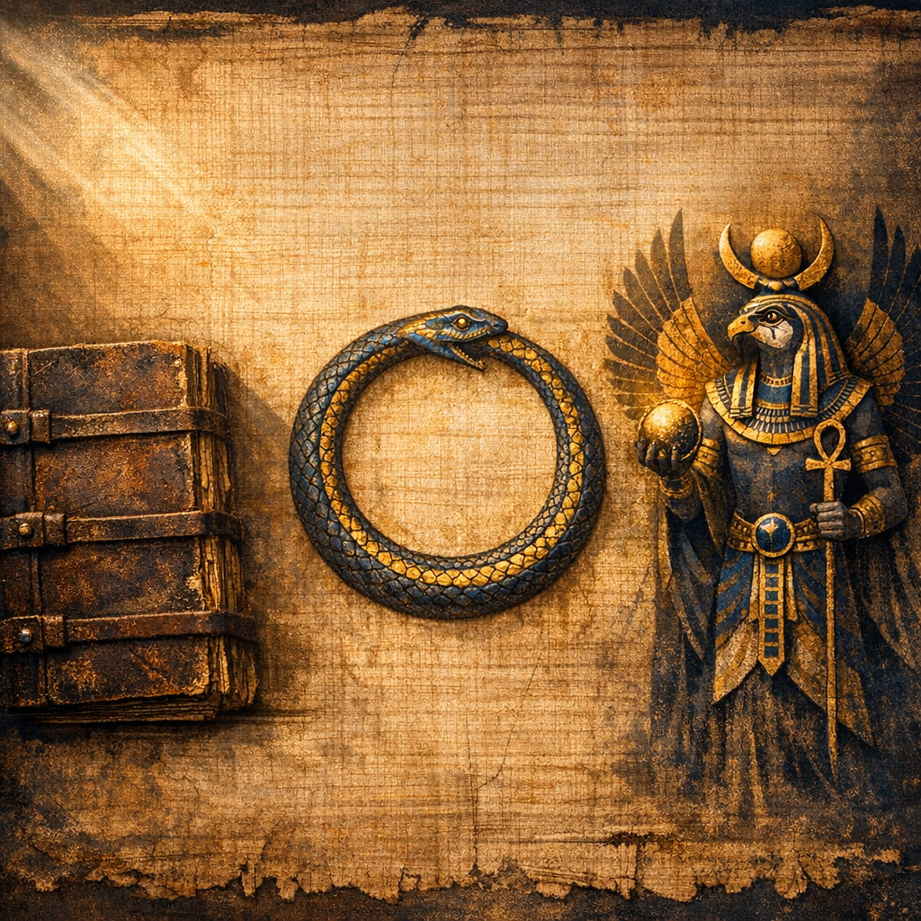 Gnostisizmin temel sembolik unsurlarını, Nag Hammadi kodeksleri ve Ouroboros sembolünü bir arada gösteren kompozisyon