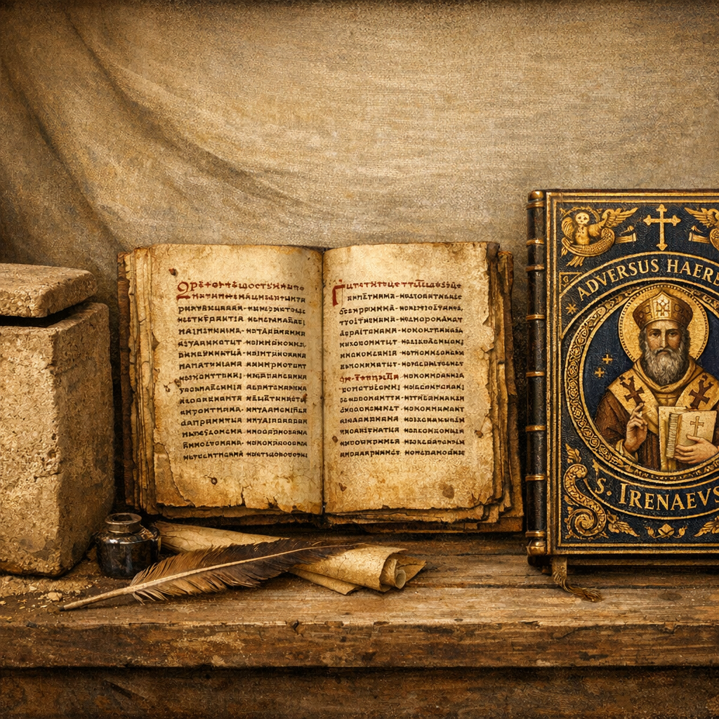 Gnostisizm konusunda Nag Hammadi küpü, Koptça el yazması ve İrenaeus'un reddiyesini gösteren yatay kompozisyon