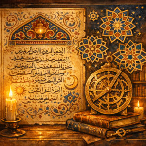 İbn Sina'nın metafizik delilini sembolize eden ortaçağ İslam felsefesi el yazması ve geometrik desenler