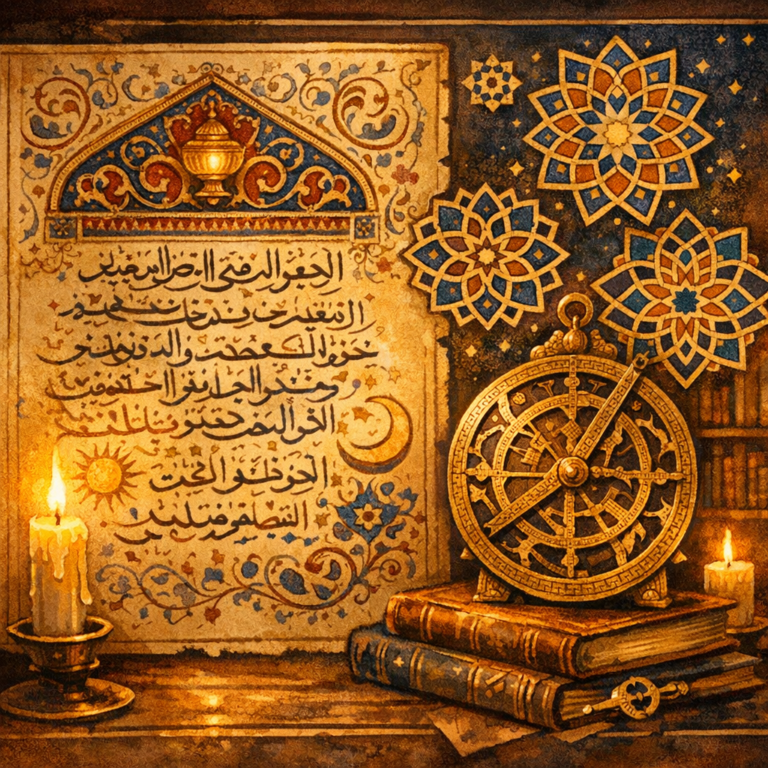 İbn Sina'nın Metafizik Delili (Sıddîkîn Burhanı) Nedir? 1 İbn Sina'nın metafizik delilini sembolize eden ortaçağ İslam felsefesi el yazması ve geometrik desenler