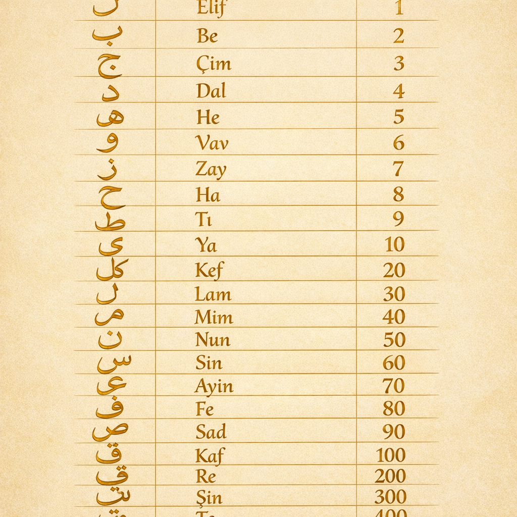 Arap alfabesinin her harfine atfedilen sayısal değerleri gösteren tam ebced hesabı tablosu, dikey infografik