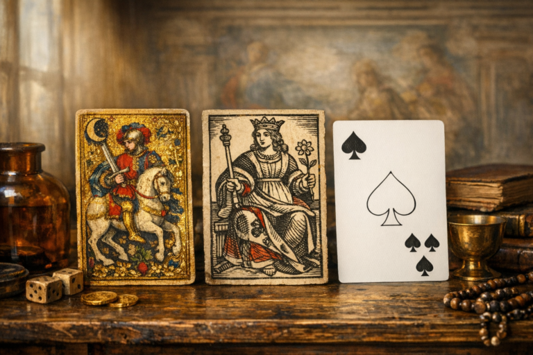 Antika masada Rönesans, 18. yüzyıl ve modern döneme ait üç farklı tarot kartı