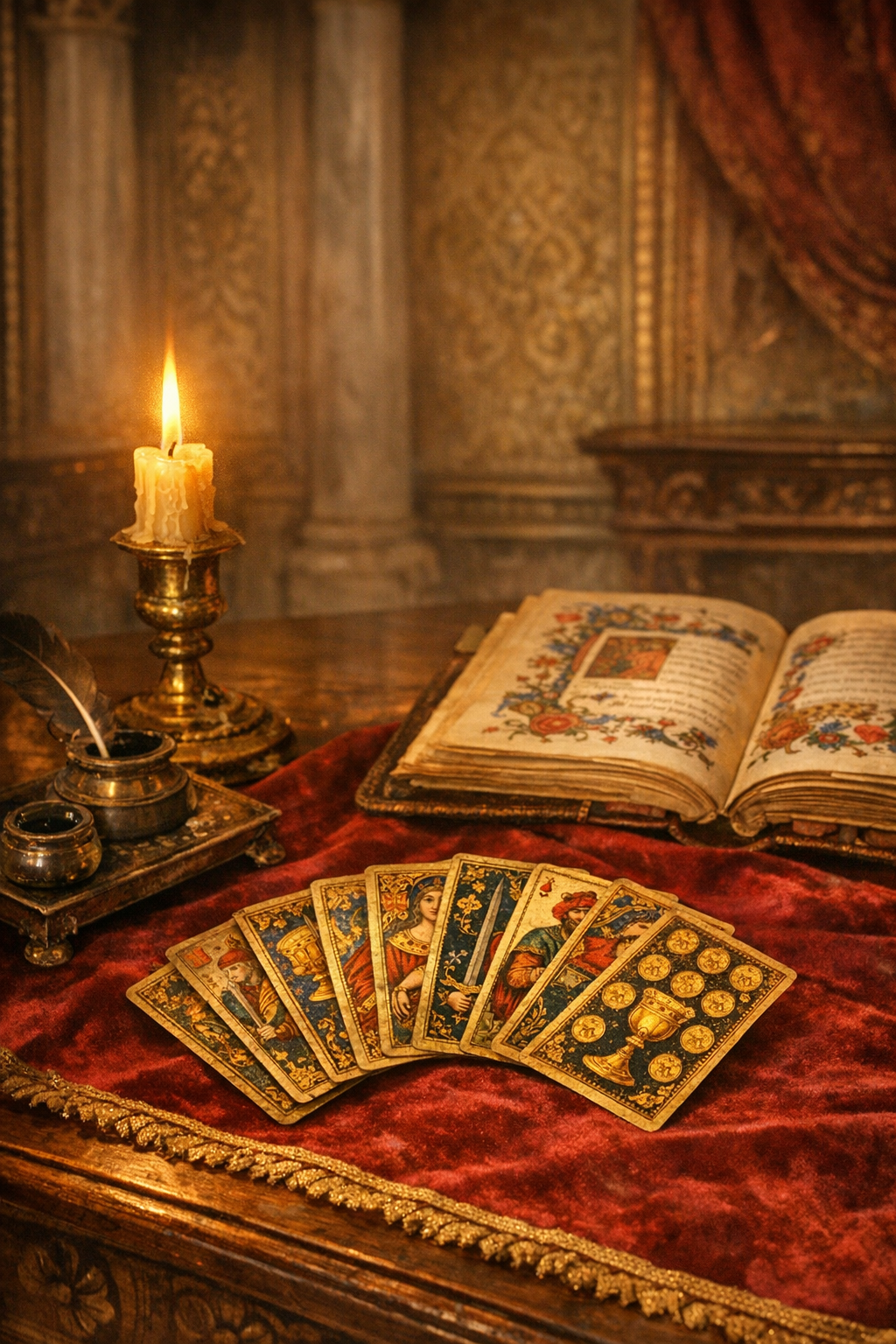 Tarot Tarihi: Oyun Kartından Kehanet Aracına 4 Rönesans dönemi saray masasında mum ışığında el boyaması yaldızlı oyun kartları