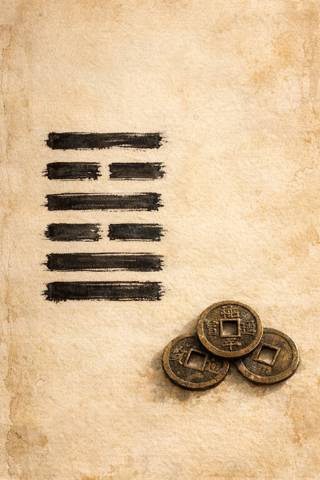 I Ching Nedir? Değişimler Kitabı ve Kehanet Sistemleri 5 Eski bir kâğıda mürekkeple çizilmiş altı çizgili bir heksagram ve yanında üç delikli Çin sikkesini canlandıran temsilî görsel