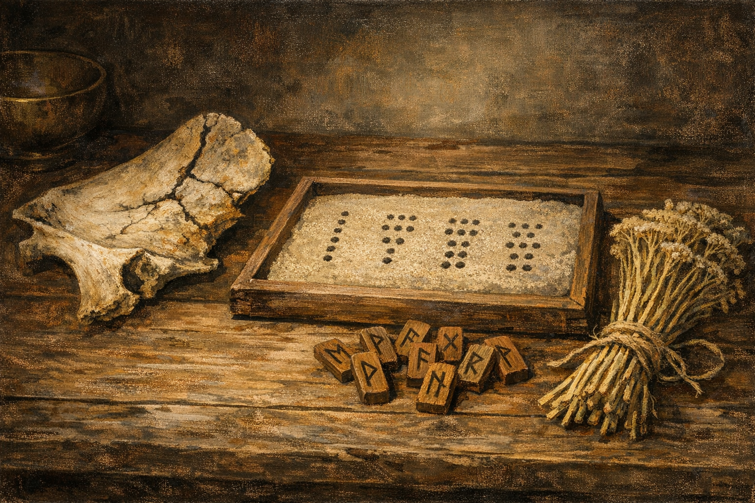 I Ching Nedir? Değişimler Kitabı ve Kehanet Sistemleri 6 I Ching Çatlamış bir kürek kemiği, noktalı remil çizgileri olan kum tepsisi, rün çubukları ve civanperçemi saplarını bir arada gösteren temsilî görsel